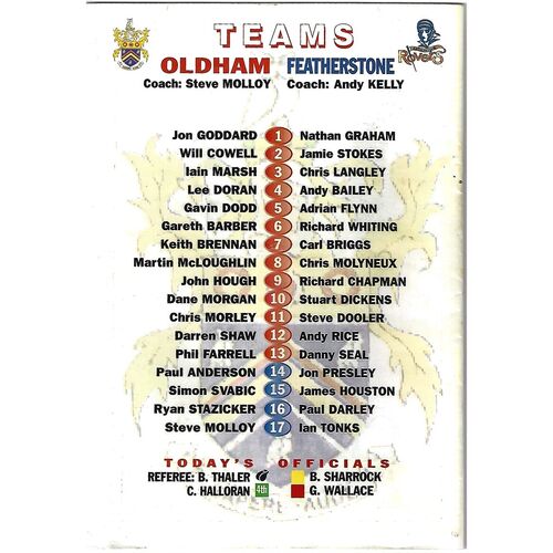 2003 Oldham v Featherstone Rovers Rugby League Programme
