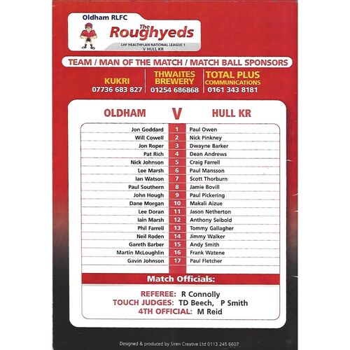 2004 Oldham v Hull Kingston Rovers Rugby League Programme
