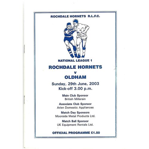2003 Rochdale Hornets v Oldham Rugby League Programme