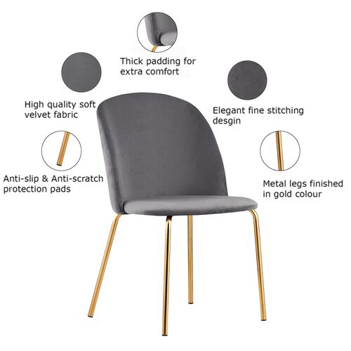 Set of 2 Dale Velvet Dining Chairs with Golden Finish Metal Legs (Dark Grey)