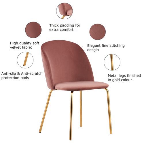 Set of 2 Dale Velvet Dining Chairs with Golden Finish Metal Legs (Pink)