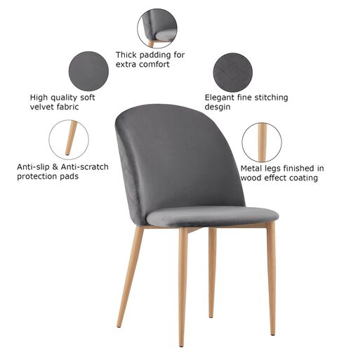 Set of 2 Bradley Velvet Dining Chairs with Wood Effect Metal Legs (Grey)