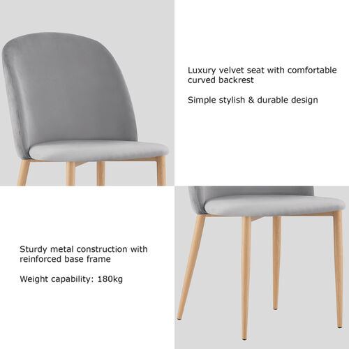 Set of 2 Bradley Velvet Dining Chairs with Wood Effect Metal Legs (Light Grey)