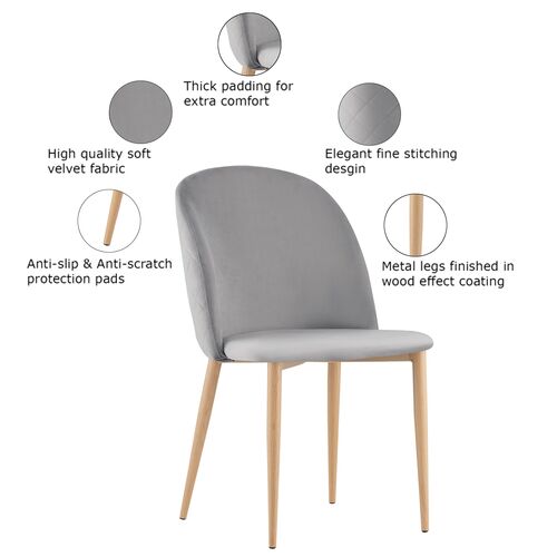 Set of 2 Bradley Velvet Dining Chairs with Wood Effect Metal Legs (Light Grey)