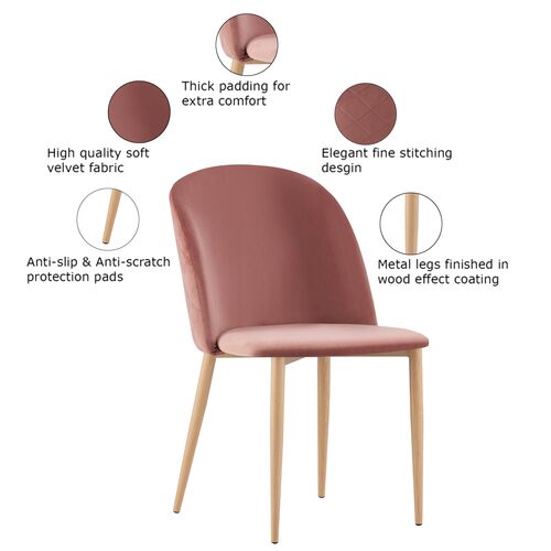 Set of 2 Bradley Velvet Dining Chairs with Wood Effect Metal Legs (Pink)