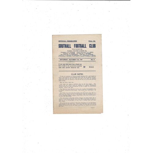 1947/48 Southall v Finchley Football Programme