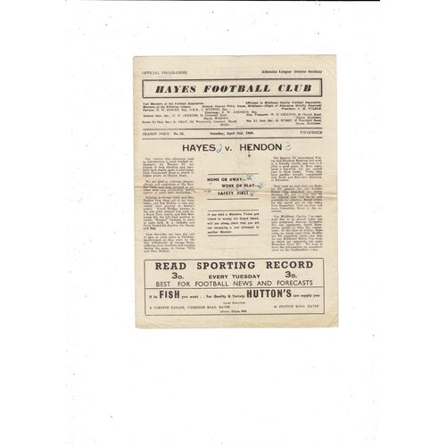 1948/49 Hayes v Hendon Football Programme