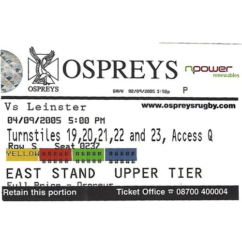 2005 Ospreys v Leinster Celtic League Rugby Union Programme (04/09/2005) & Match Ticket