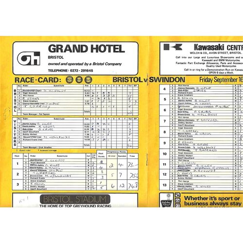 1977 Bristol v Swindon Gulf Oil British League (16/09/1977) Speedway Programme