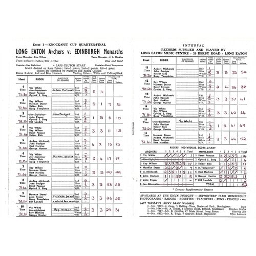 1967 Long Eaton v Edinburgh Knock-Out Cup Quarter Final (01/08/1967) Speedway Programme