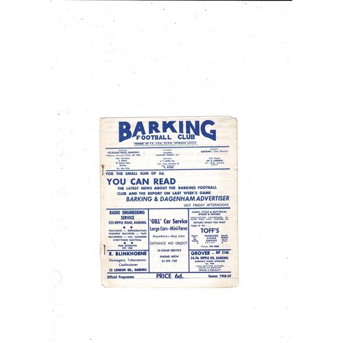 1968/69 Barking v Walthamstow Football Programme