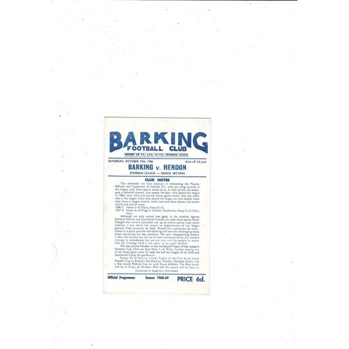 1968/69 Barking v Hendon Football Programme
