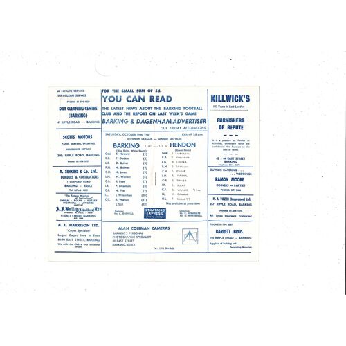 1968/69 Barking v Hendon Football Programme