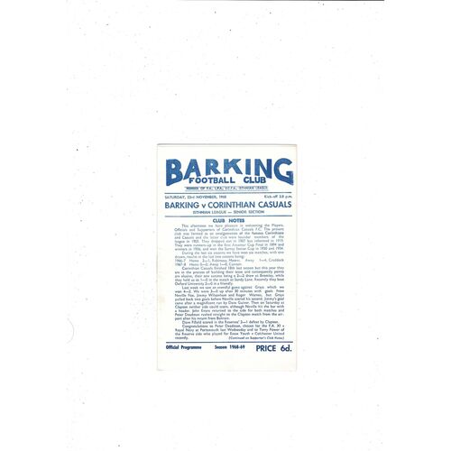 1968/69 Barking v Corinthian Casuals Football Programme