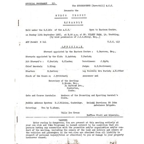 1966 Little Wratting The Stourbridge (Haverhill Motorcycle Club Murco Trophy (11/09/1966) Scramble Programme