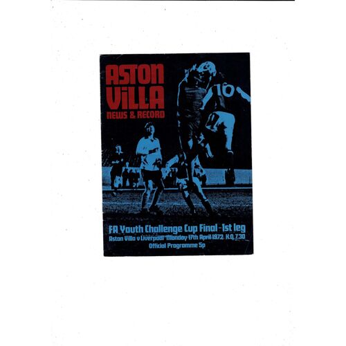 1972 Aston Villa v Liverpool FA Youth Cup Final Football Programme
