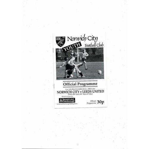 1992/93 Norwich City v Leeds United FA Youth Cup Semi Final Football Programme