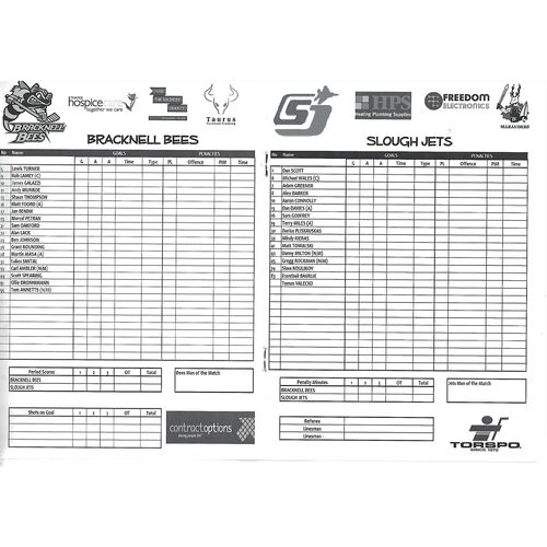 2012/13 Bracknell Bees v Slough Jets (11/11/2012) EPIHL Ice Hockey League Match Programme