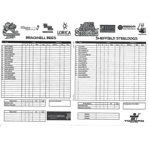 2012/13 Bracknell Bees v Sheffield Steeldogs (02/12/2012) EPIHL Ice Hockey League Match Programme