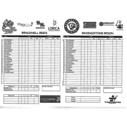 2012/13 Bracknell Bees v Basingstoke Bison (20/01/2013) EPIHL Ice Hockey League Match Programme