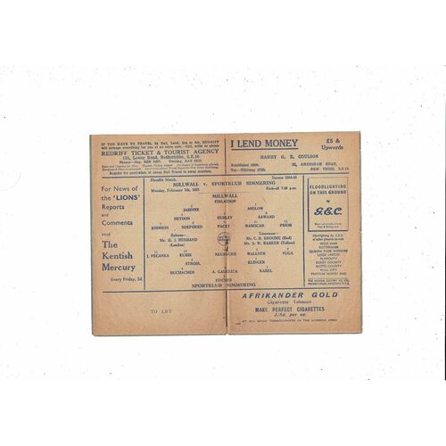 Millwall v Simmering Friendly Football Programme 1954/55