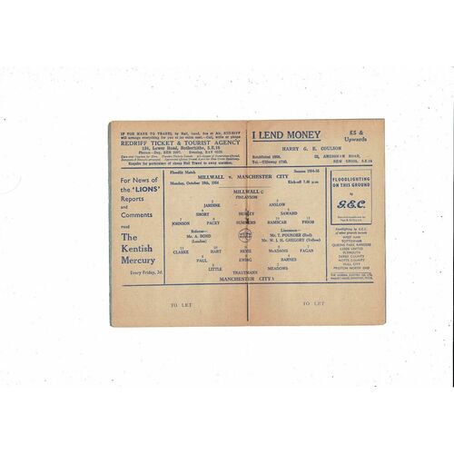 Millwall v Manchester City Friendly Football Programme 1954/55