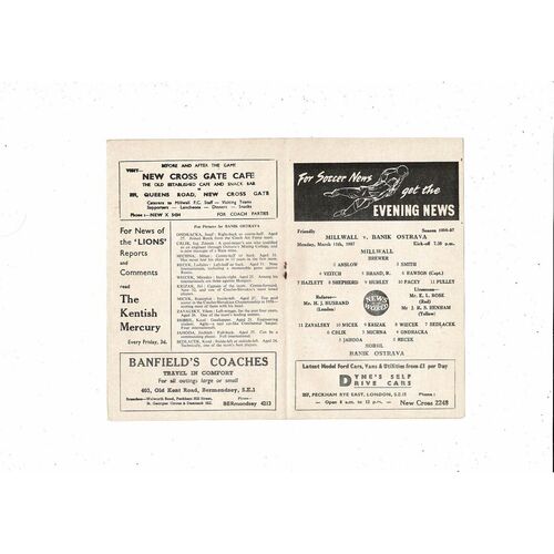 Millwall v Banik Ostrava Friendly Football Programme 1956/57