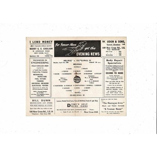 Millwall v Ex Millwall X1 Friendly Football Programme 1957/58