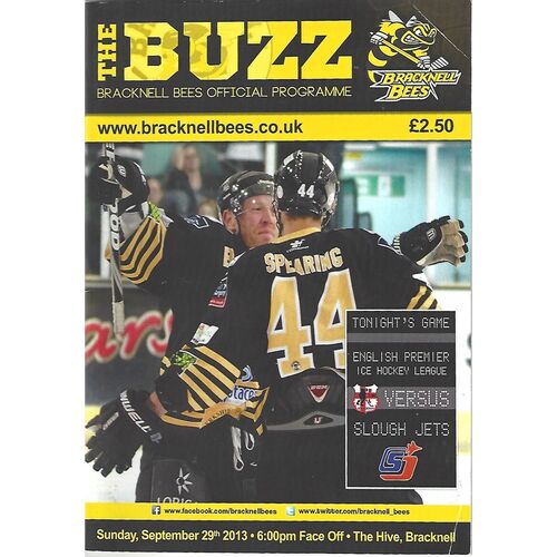 2013/14 Bracknell Bees v Slough Jets (29/09/2013) EPIHL Ice Hockey League Match Programme