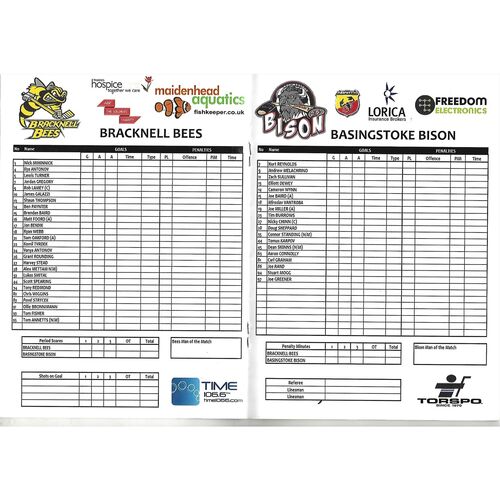 2013/14 Bracknell Bees v Basingstoke Bison (20/10/2013) EPIHL Ice Hockey League Match Programme