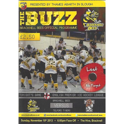 2013/14 Bracknell Bees v Telford Tigers (10/11/2013) EPIHL Ice Hockey League Match Programme