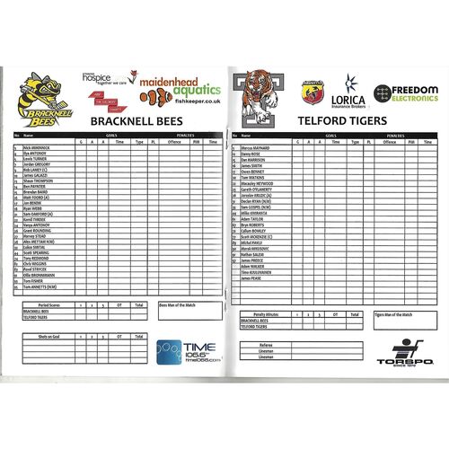 2013/14 Bracknell Bees v Telford Tigers (10/11/2013) EPIHL Ice Hockey League Match Programme