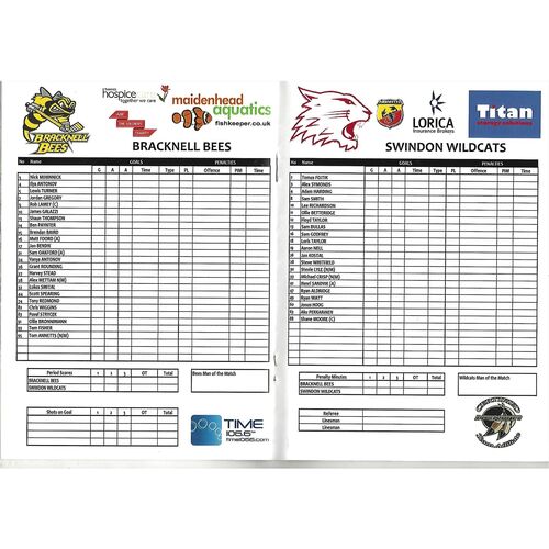 2013/14 Bracknell Bees v Swindon Wildcats (16/03/2014) EPIHL Ice Hockey League Match Programme