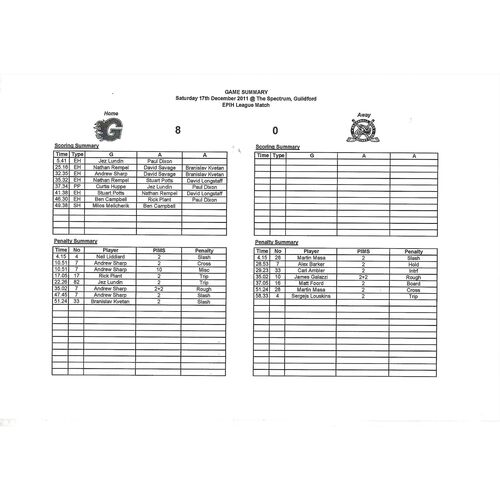 2011/12 Guildford Flames v Bracknell Bees (17/12/2011) EPIHL Ice Hockey League Game Summary Sheet