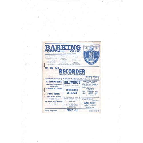 1969/70 Barking v Dulwich Hamlet Football Programme