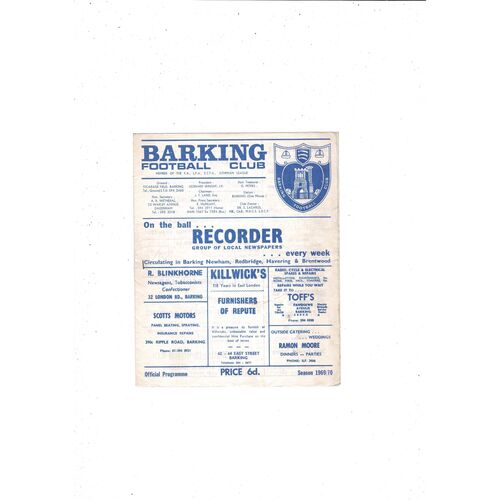 1969/70 Barking v Hitchin Town Football Programme