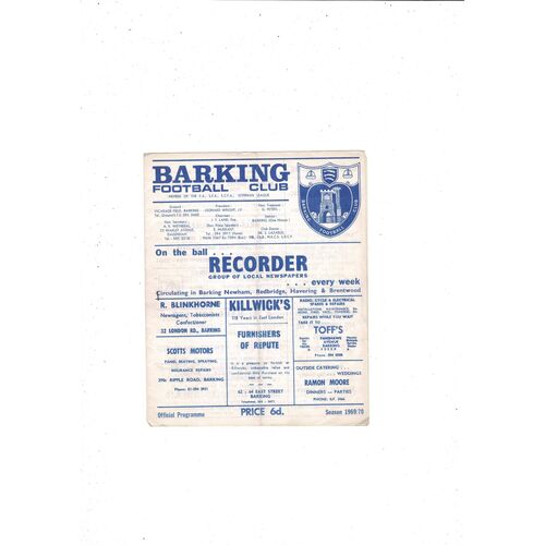 1969/70 Barking v Tooting & Mitcham Football Programme