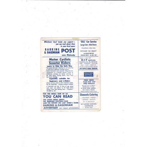 1969/70 Barking v Tooting & Mitcham Football Programme