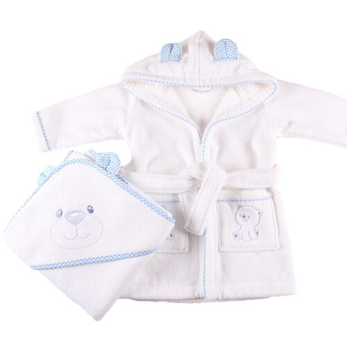 Bear Hooded Bathrobe & Hooded Towel with Blue Gingham Trim