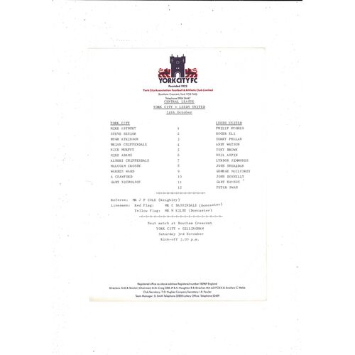 York City v Leeds United Central League Football Programme 1984/85