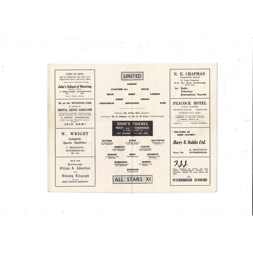 Peterborough United v All Stars Benefit Match Football Programme 1955/56