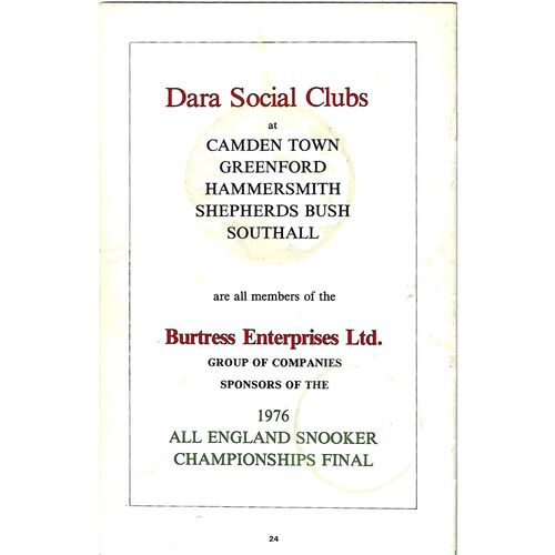 1976 English Snooker Championship Final Programme