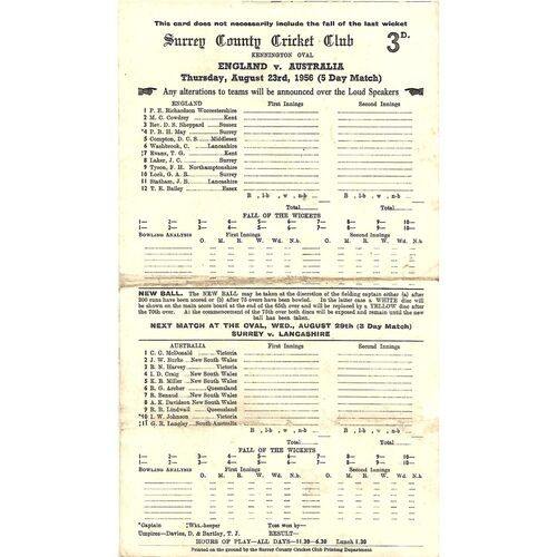 1956 England v Australia 5th Test Match (23/08/1956) Cricket Scorecard