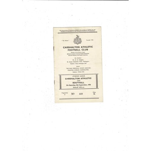 1956/57 Carshalton Athletic v Southall Football Programme