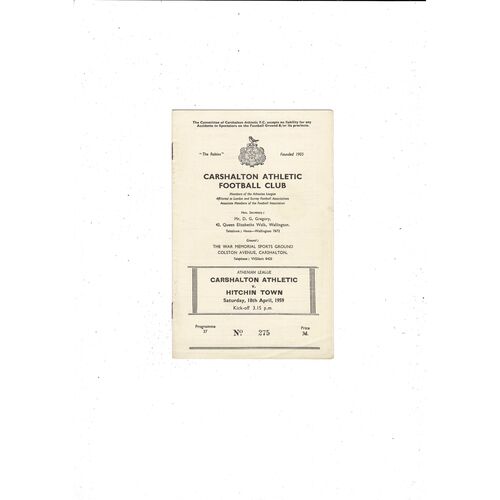 1958/59 Carshalton Athletic v Hitchin Town Football Programme