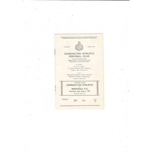 1959/60 Carshalton Athletic v Southall Football Programme