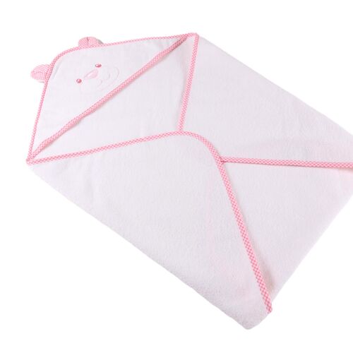 Bear Hooded Towel with Pink Gingham Trim