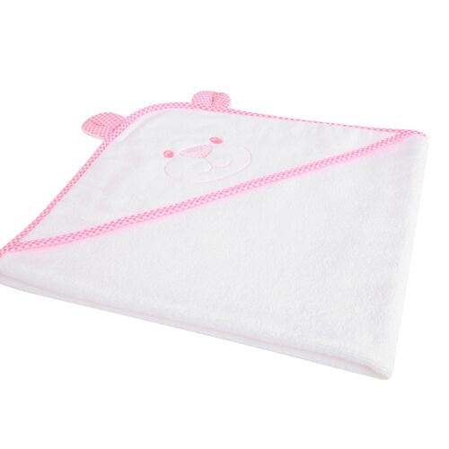 Bear Hooded Towel with Pink Gingham Trim