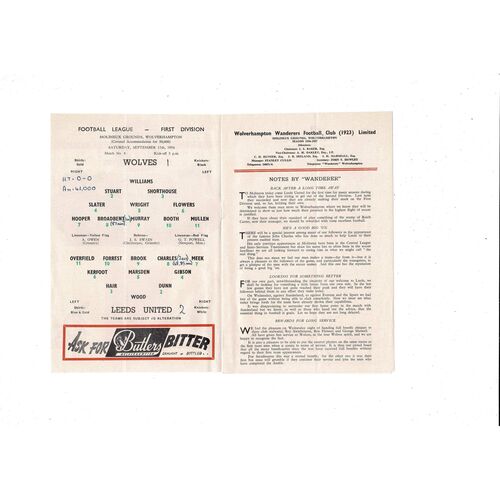1956/57 Wolves v Leeds United Football Programme