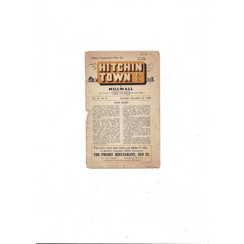 Hitchin Town v Millwall FA Cup Football Programme 1958/59